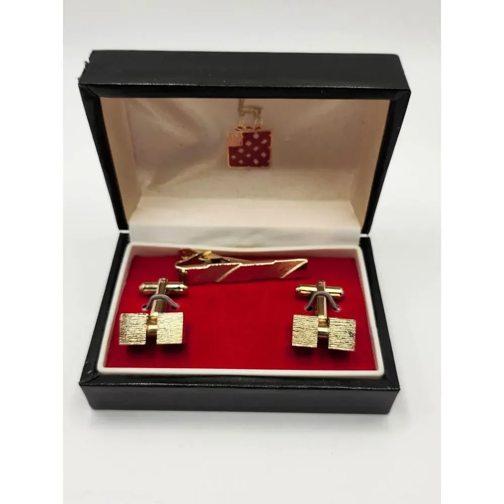 Vintage Brushed Gold Tone CuffLinks and Tie Clip, NEW OLD STOCK